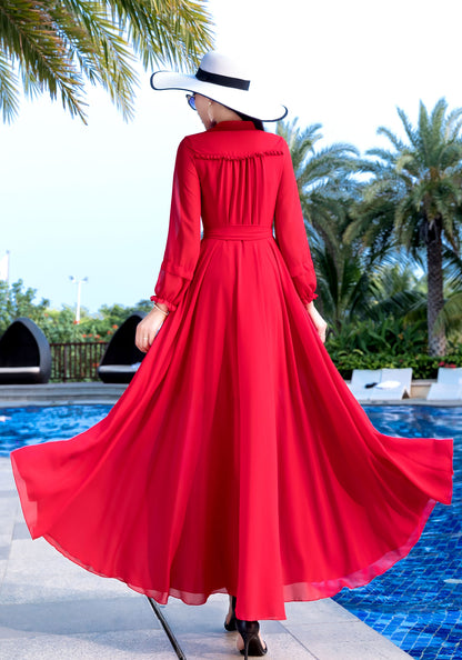 Long Sleeve Maxi Swing Chiffon Dress 2855