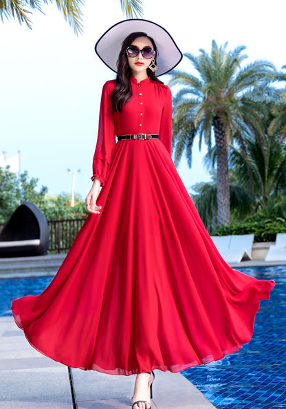 Long Sleeve Maxi Swing Chiffon Dress 2855
