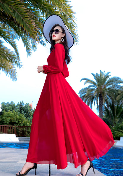 Long Sleeve Maxi Swing Chiffon Dress 2855