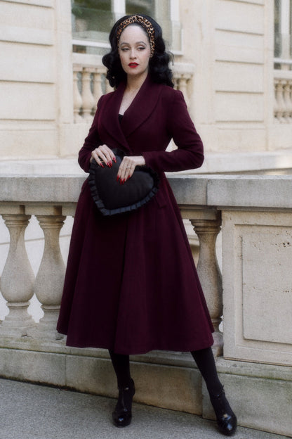 Handmade Burgundy Wool Swing Coat – Vintage Fit and Flare Double-Breasted Overcoat | Xiaolizi 4086