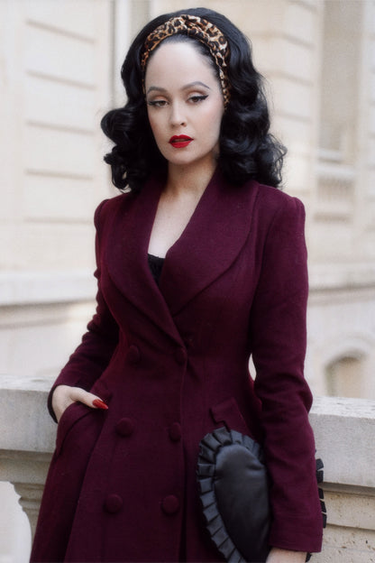 Handmade Burgundy Wool Swing Coat – Vintage Fit and Flare Double-Breasted Overcoat | Xiaolizi 4086