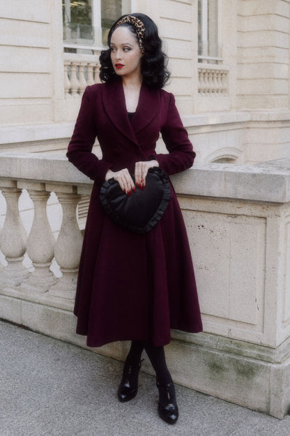 Handmade Burgundy Wool Swing Coat – Vintage Fit and Flare Double-Breasted Overcoat | Xiaolizi 4086