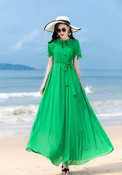 Green Chiffon Maxi Dress - Short Sleeve, Scoop Neck, Flowy Silhouette 2856