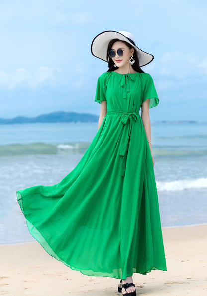 Green Chiffon Maxi Dress - Short Sleeve, Scoop Neck, Flowy Silhouette 2856