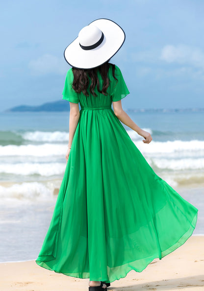 Green Chiffon Maxi Dress - Short Sleeve, Scoop Neck, Flowy Silhouette 2856