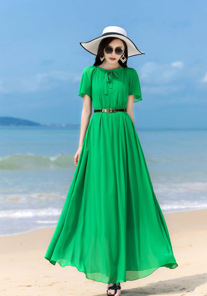 Green Chiffon Maxi Dress - Short Sleeve, Scoop Neck, Flowy Silhouette 2856