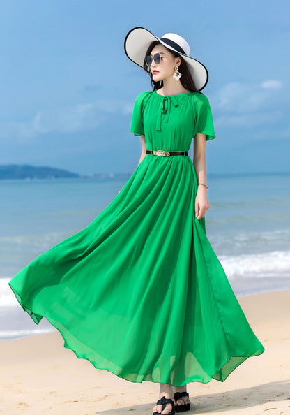 Green Chiffon Maxi Dress - Short Sleeve, Scoop Neck, Flowy Silhouette 2856