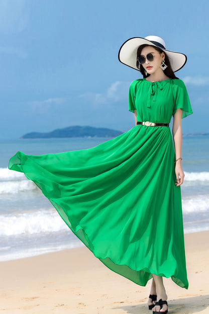 Green Chiffon Maxi Dress - Short Sleeve, Scoop Neck, Flowy Silhouette 2856
