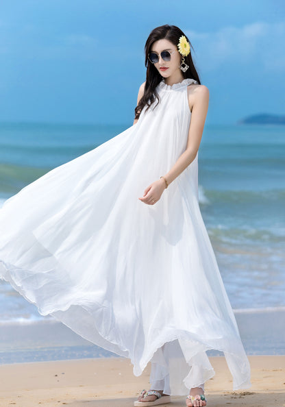 White Chiffon Maxi Dress - Halter Neck, Flowing Silhouette 2857