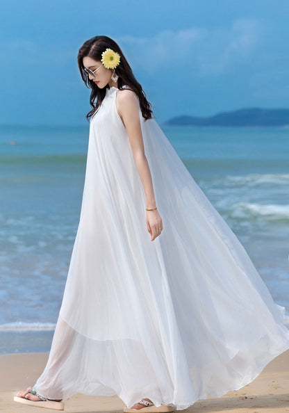 White Chiffon Maxi Dress - Halter Neck, Flowing Silhouette 2857