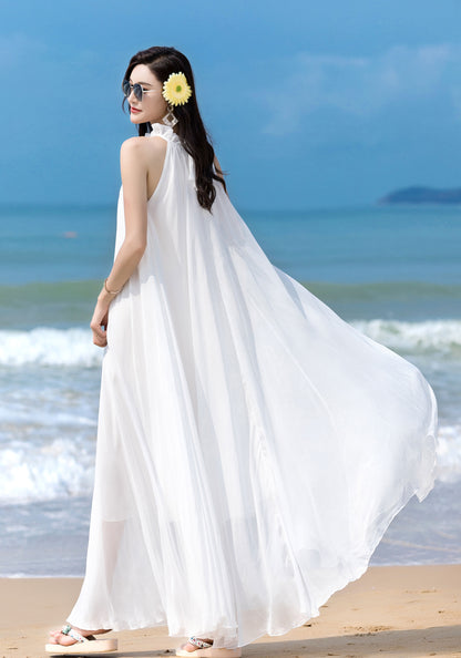 White Chiffon Maxi Dress - Halter Neck, Flowing Silhouette 2857