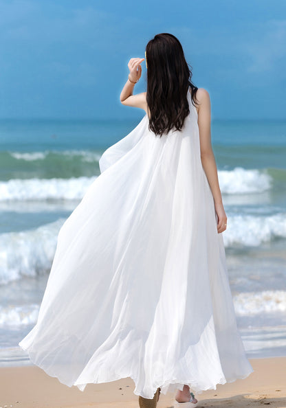White Chiffon Maxi Dress - Halter Neck, Flowing Silhouette 2857