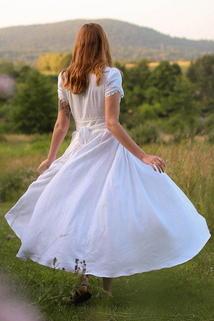White Linen Maxi Dress - Swing Silhouette with Lace Detail 3743