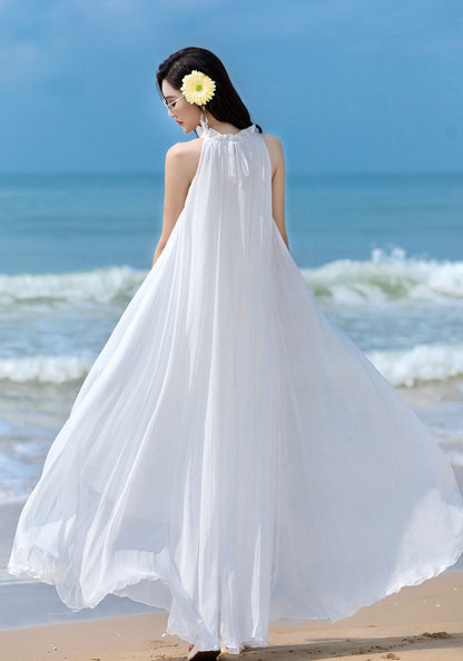 White Chiffon Maxi Dress - Halter Neck, Flowing Silhouette 2857