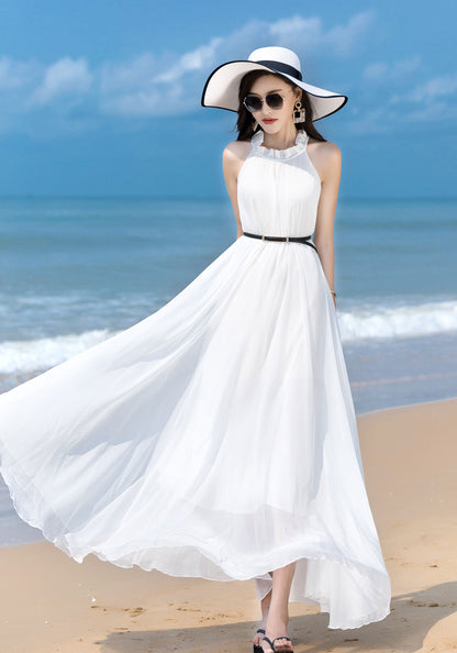 White Chiffon Maxi Dress - Halter Neck, Flowing Silhouette 2857