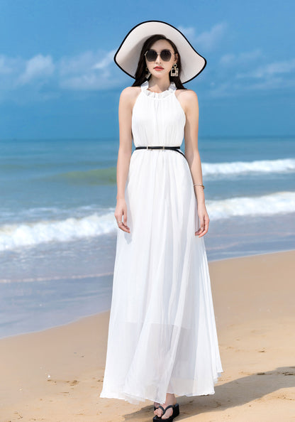 White Chiffon Maxi Dress - Halter Neck, Flowing Silhouette 2857