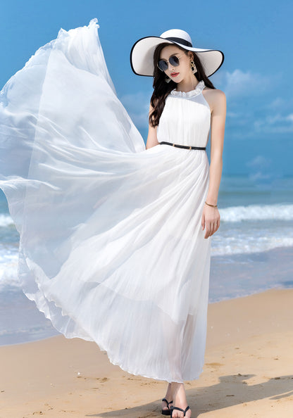 White Chiffon Maxi Dress - Halter Neck, Flowing Silhouette 2857