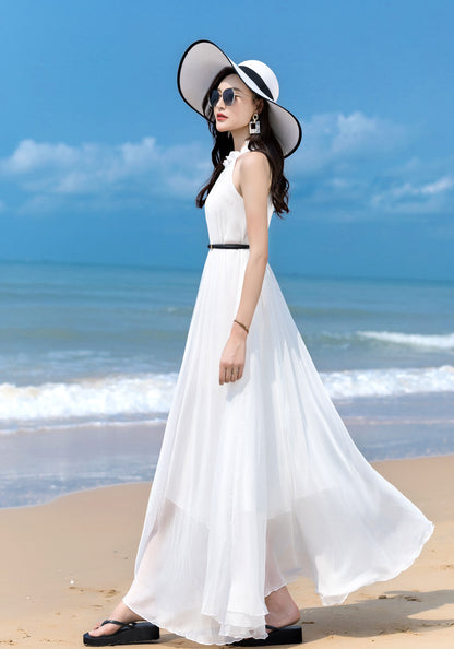 White Chiffon Maxi Dress - Halter Neck, Flowing Silhouette 2857