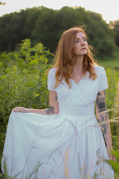 White Linen Maxi Dress - Swing Silhouette with Lace Detail 3743