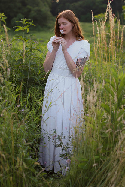 White Linen Maxi Dress - Swing Silhouette with Lace Detail 3743