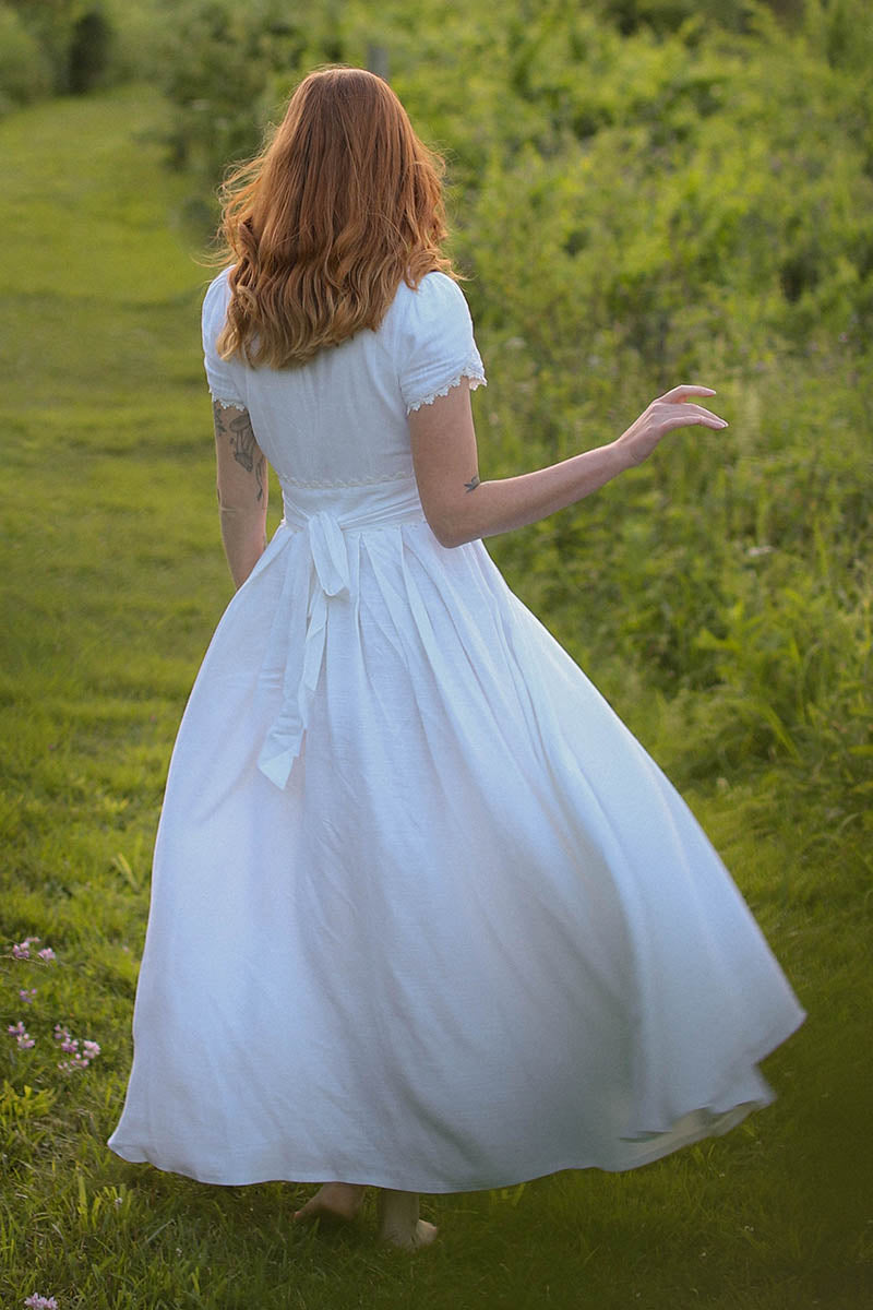 elegant white linen dress White Linen Maxi Dress with Lace Detail