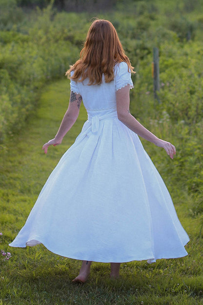 White Linen Maxi Dress - Swing Silhouette with Lace Detail 3743