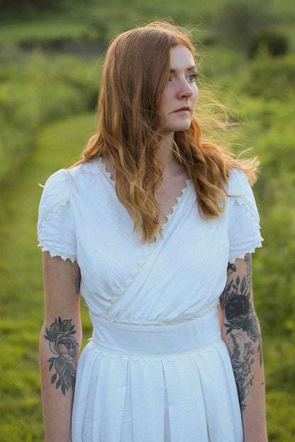 White Linen Maxi Dress - Swing Silhouette with Lace Detail 3743