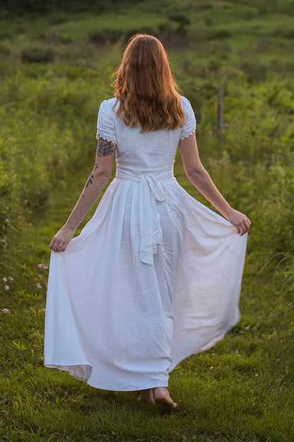White Linen Maxi Dress - Swing Silhouette with Lace Detail 3743
