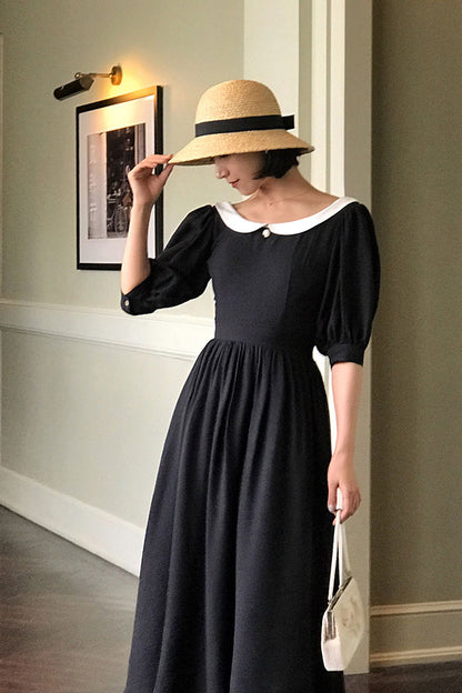Black Linen A-Line Dress with Pleated Waist - Retro Bubble Sleeves J034