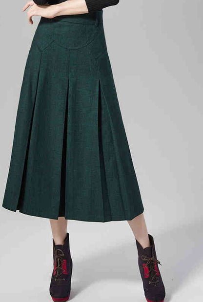 Brown Wool Midi Skirt - High Waist Flared Silhouette J102