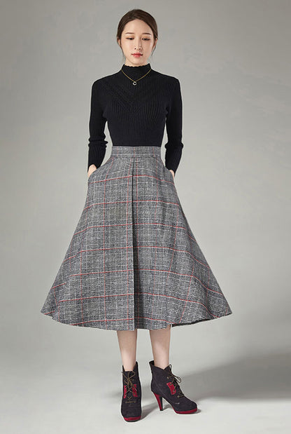 Plaid Wool Midi Skirt - Vertical Stitching, High Waist J106