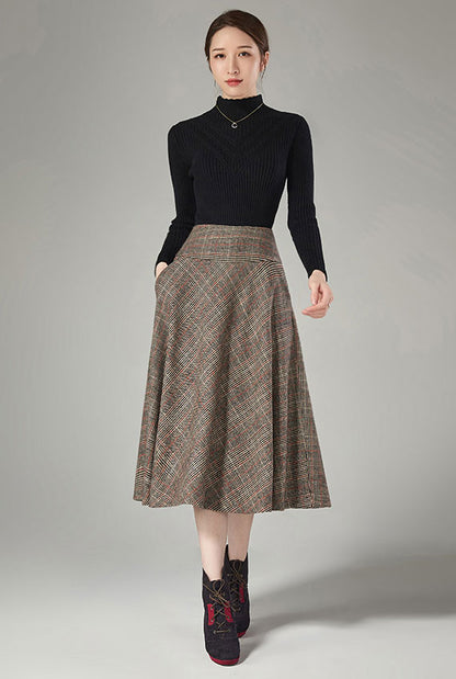 Plaid Wool Midi A-Line Skirt - High Waist with Insert Pockets J110