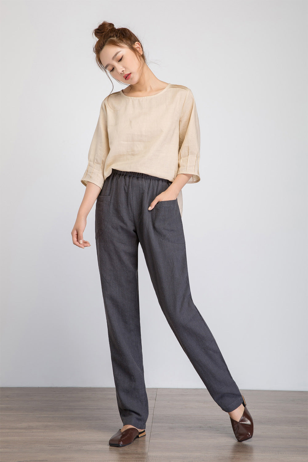 Cotton Linen Grey Plain Flat Front Casual Trouser