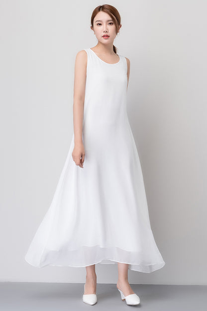 White Chiffon Maxi Dress - Sleeveless Shift with Soft Swing 1919