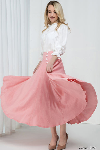 Pink Linen Midi Skirt - Swing Circle Silhouette with Front Buttons 2158
