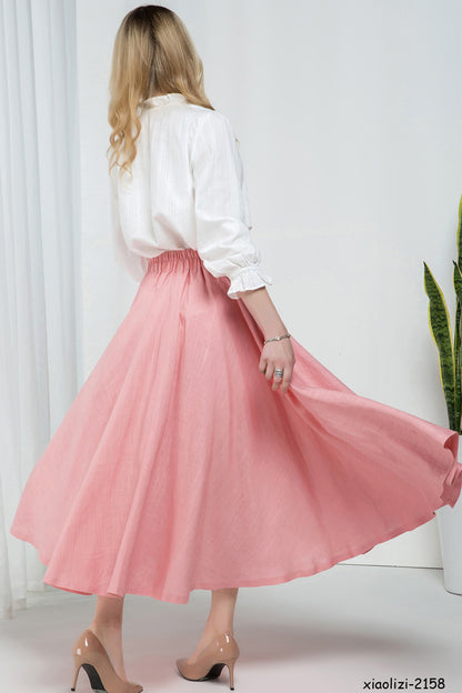 Pink Linen Midi Skirt - Swing Circle Silhouette with Front Buttons 2158