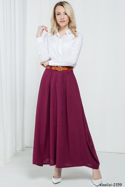 Handmade Linen Maxi Skirt – Wine Red Asymmetrical Long Skirt for Women | Xiaolizi 2159