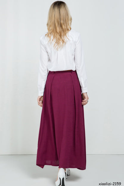 Handmade Linen Maxi Skirt – Wine Red Asymmetrical Long Skirt for Women | Xiaolizi 2159