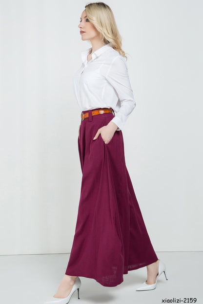 Handmade Linen Maxi Skirt – Wine Red Asymmetrical Long Skirt for Women | Xiaolizi 2159
