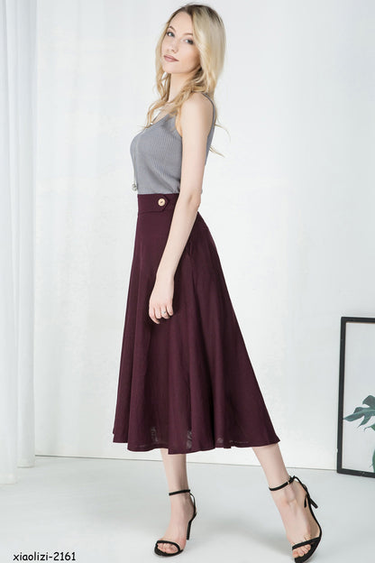 Burgundy Cotton Linen A-Line Midi Skirt - Flared Waist Detail 2161