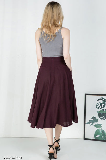 Burgundy Cotton Linen A-Line Midi Skirt - Flared Waist Detail 2161