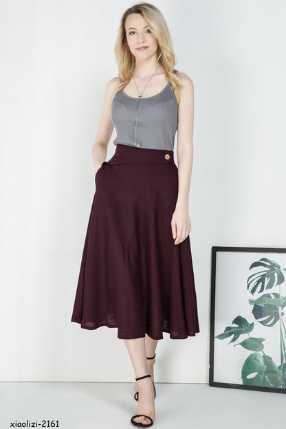 Burgundy Cotton Linen A-Line Midi Skirt - Flared Waist Detail 2161