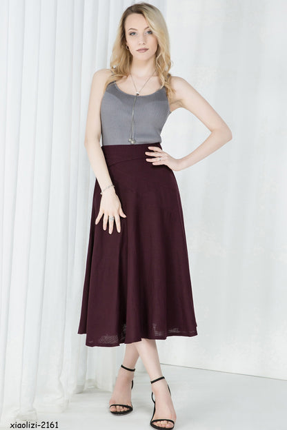 Burgundy Cotton Linen A-Line Midi Skirt - Flared Waist Detail 2161