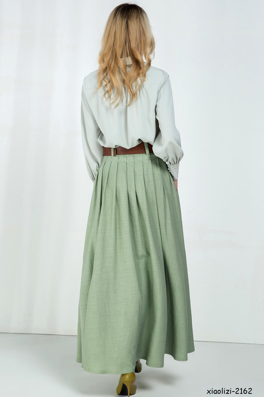Vintage spired maxi skirt, green pleated skirt 2162#