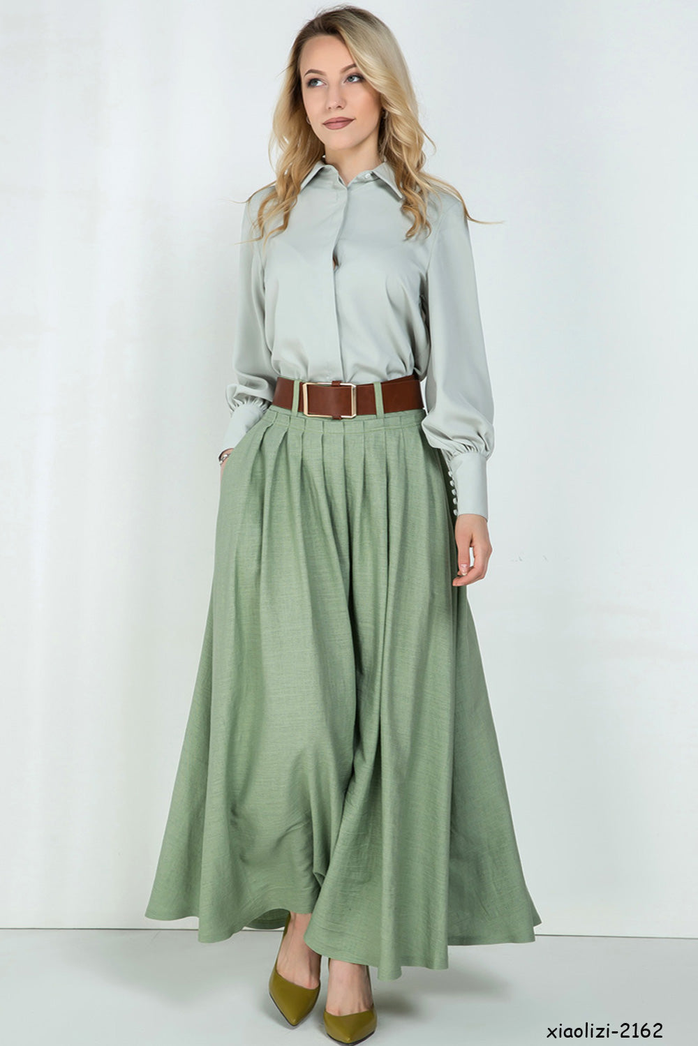 green linen skirt 2162