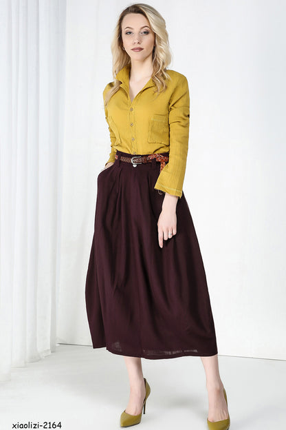Burgundy Linen Cotton Midi Bubble Skirt - Pleated Waist with Pockets 2164