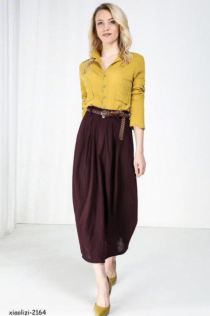 Burgundy Linen Cotton Midi Bubble Skirt - Pleated Waist with Pockets 2164