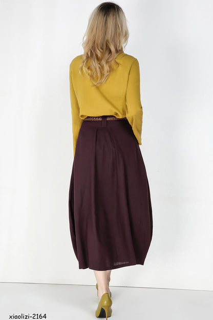 Burgundy Linen Cotton Midi Bubble Skirt - Pleated Waist with Pockets 2164