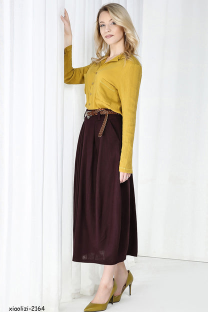 Burgundy Linen Cotton Midi Bubble Skirt - Pleated Waist with Pockets 2164