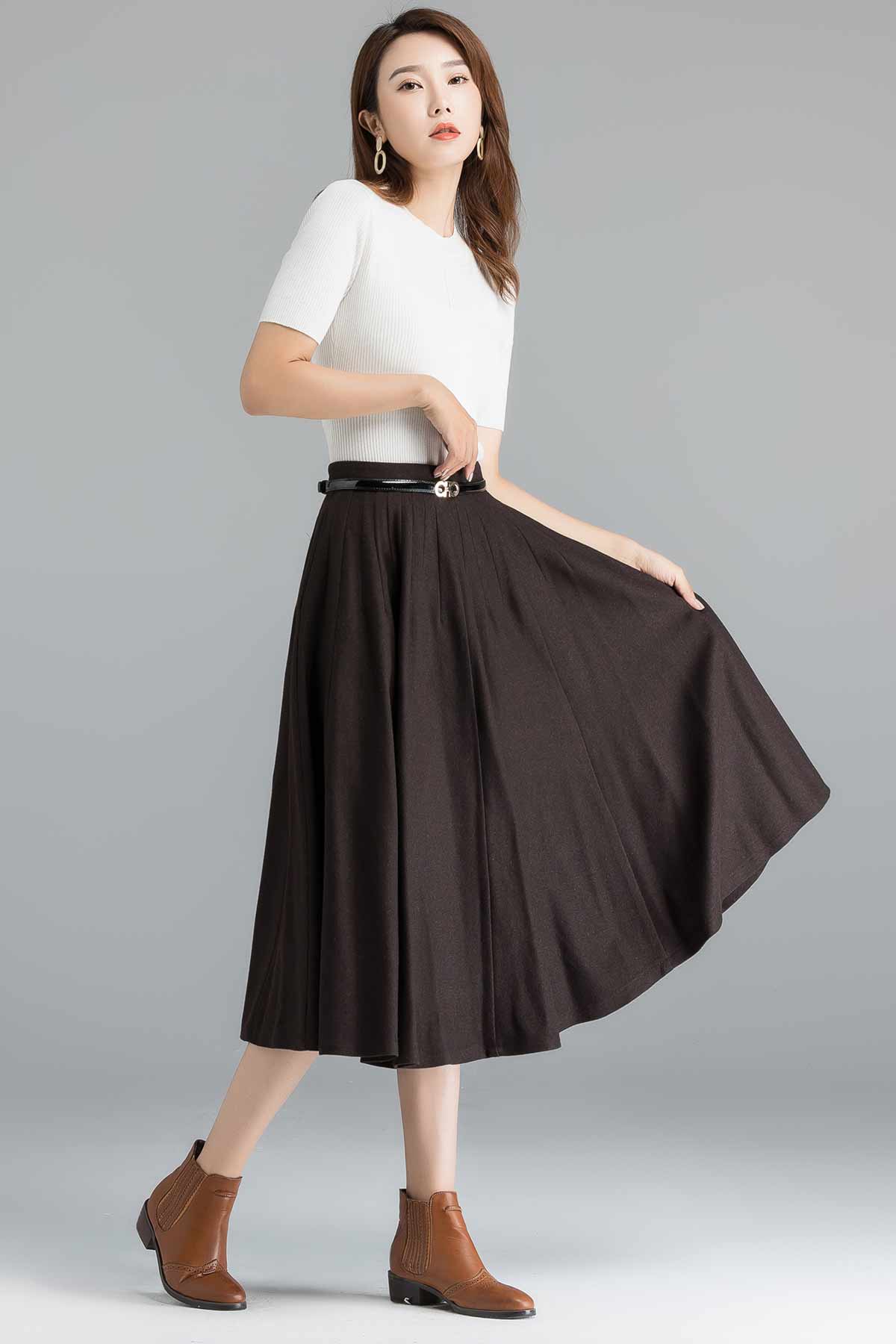 1950s Coffee Wool Midi Skirt Women 2397